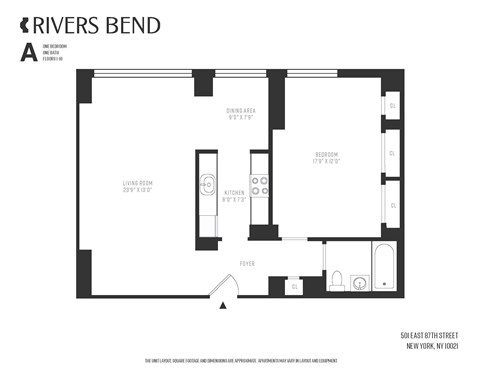 A black and white image of a floor plan for a one bedroom apartment.